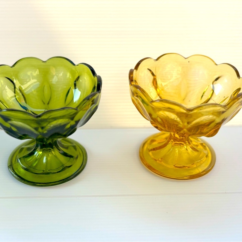 Vintage Pressed Glass Dessert Cups Olive Green Amber
